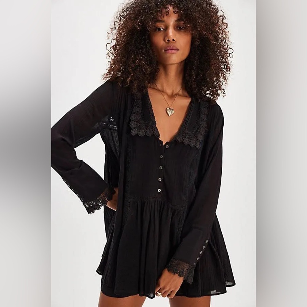 Free People  Black Lace Trim Tunic Dress